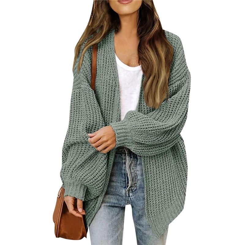Women's Lantern Sleeve Thick Needle Cardigan New Pocket Knitted Sweater Women's Jacket