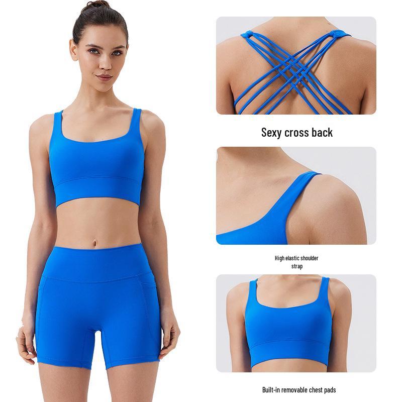 Women's High Elastic Criss-Cross Back Sports Bra - Nude Feel for Yoga and Running