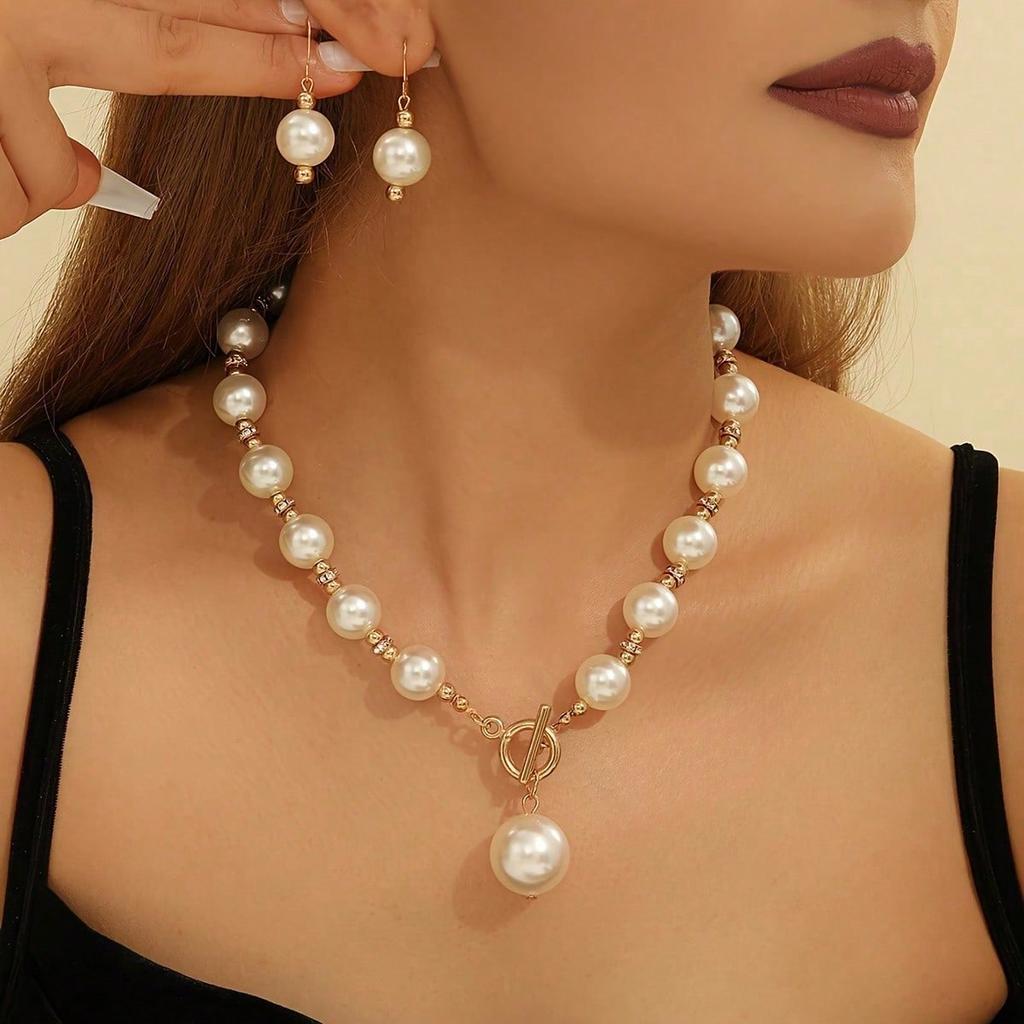 1pcs Light Luxury Gold Imitation Pearl Earring Necklace Set, High-End Clavicle Chain Fashionable Women'S Style