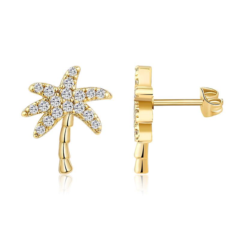 Gold coconut stud earrings, copper gilded with zircon earrings, European and American earrings Copper