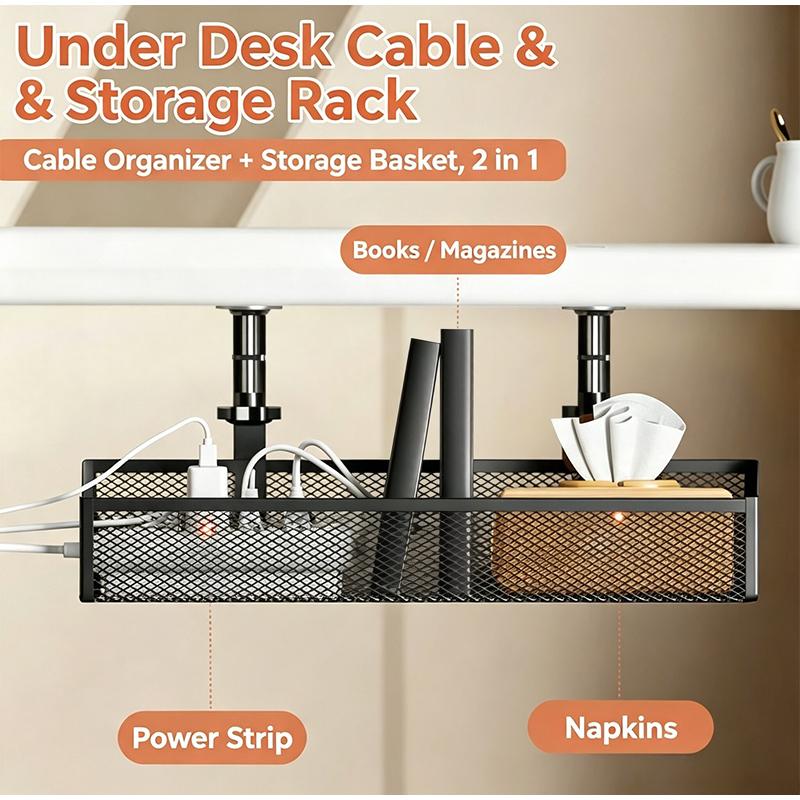 Under Desk Cable Management Tray No Drill Steel Wire Organizer Rack with Clamp Desk Cord Manage Tray for Home Office Computer