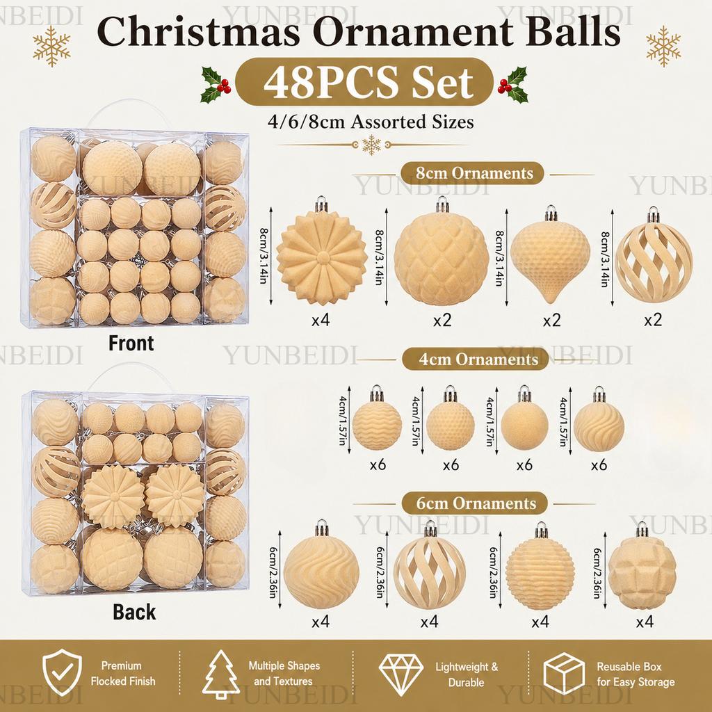Velvet Christmas Ornament Balls Set 48PCS Plastic Flocked Baubles DIY Christmas Tree Decor Holiday Home Party Hanging Decor