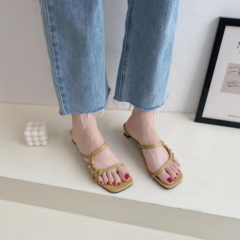 Fashion Women Black White Yellow Square Heels Slides Women Rope Lattice Peep Toe Women Outside Sippers Shoes Mujer Elegant Shoes 35-39