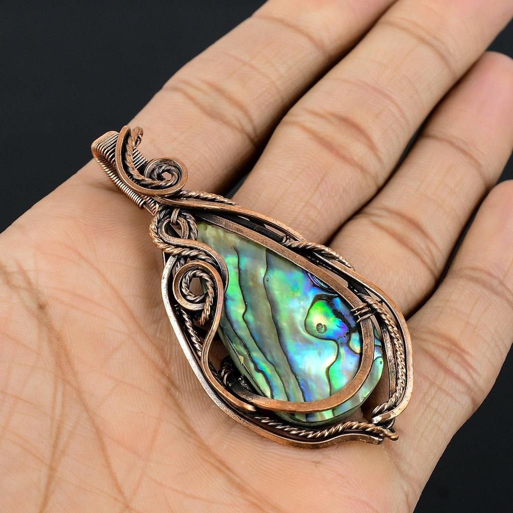 Abalone Shell 999 Copper Wire Wrapped Pendant, Handmade Gemstone Pendant Jewelry, Gifts For Wife Brand New Pendant