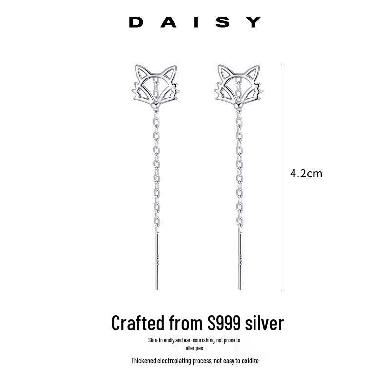 999 Sterling Silver Fox Ear Thread High-End Tassel Dangle Earrings for Women