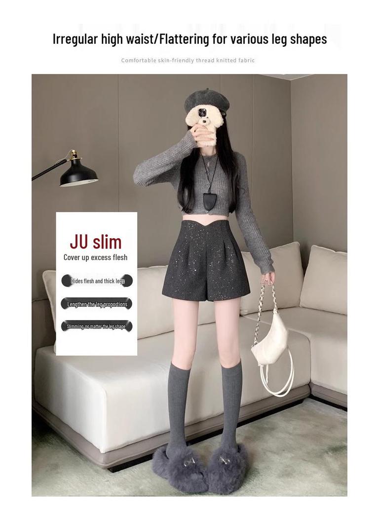 Women's Gray High-Waist Woolen Wide-Leg Pants: 2024 Autumn/Winter Slimming A-Line Shorts