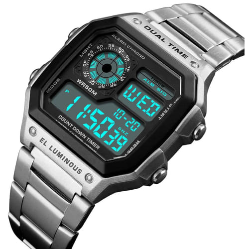 USWATCH Fashion Sports Stainless Steel LED Digital Alarm Chronograph Waterproof Multifunction Men's Quartz Watch, Silver, Chronograph, Digital, Quartz