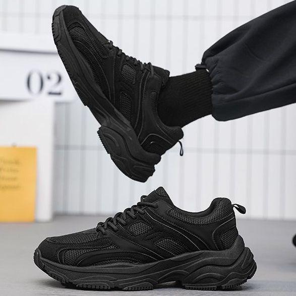 Men's All-Black Summer 2025 Sneakers: Casual Teen Running Shoes with Thick Soles