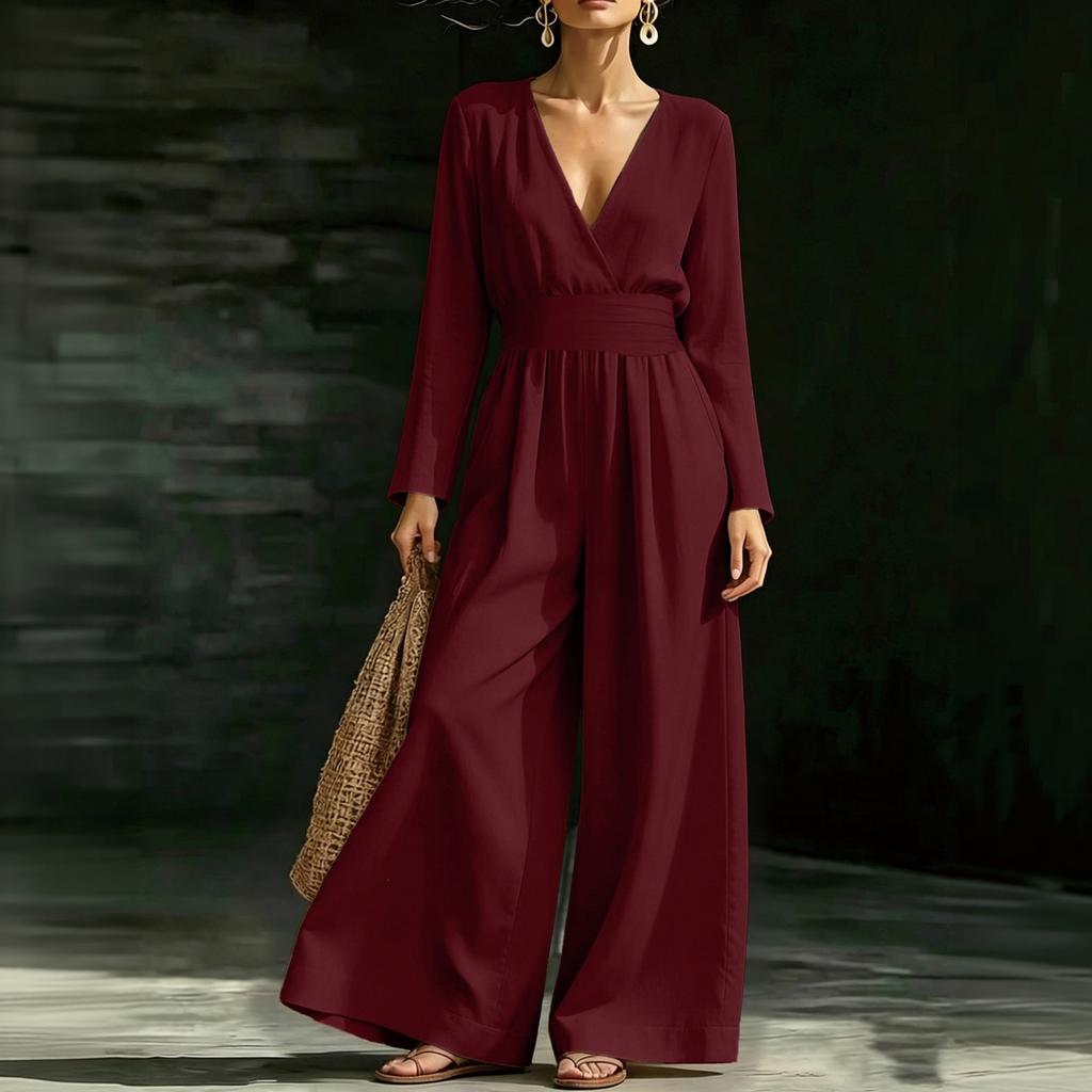 Damen V-Ausschnitt Taillenbetonender Langarm-Jumpsuit, Farbe, Elegant für Arbeit und Abend