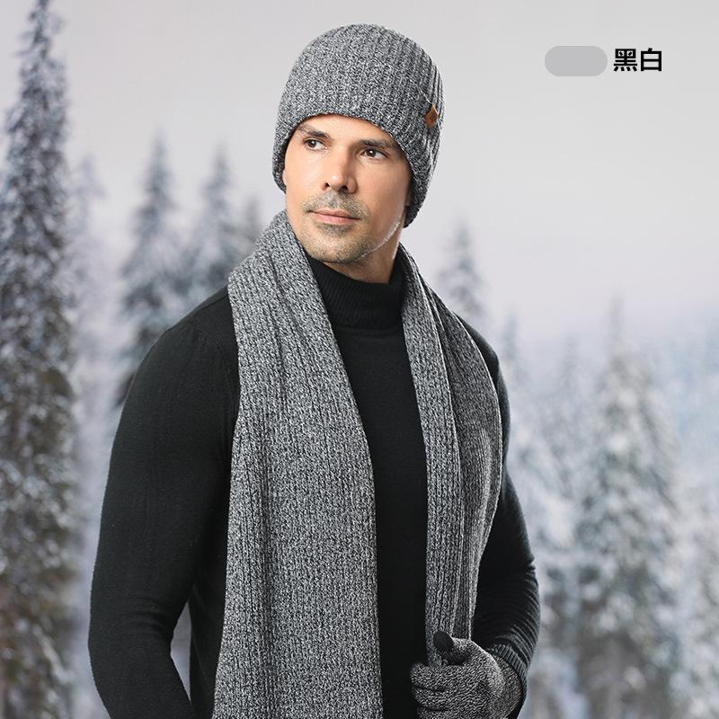 Knitted hat, men's winter velvet thickened cold-proof outdoor cycling wool knitting, hat scarf three-piece set