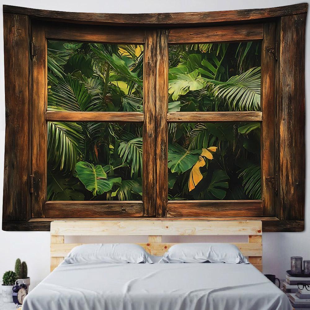 Imitation Window Landscape Tapestry, Wall Hanging, Floral Plants, Living Room, Bedroom, Office, Home Wall Background Cloth