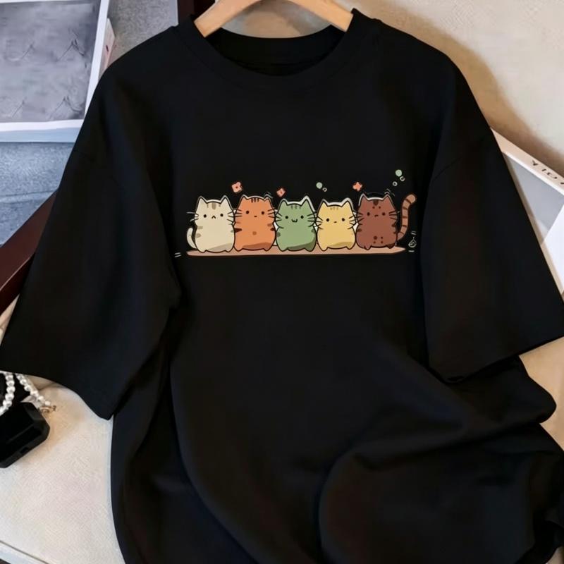 Adorable Five Pastel Cats T-Shirt Cute Kawaii Kittens Graphic Tee Casual Crewneck Top Tshirt for Men Women