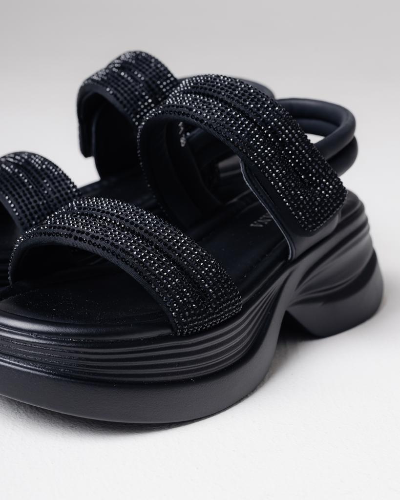 SUNY LIANA 1511 36 Black Leather Textile Sandals with Rhinestones