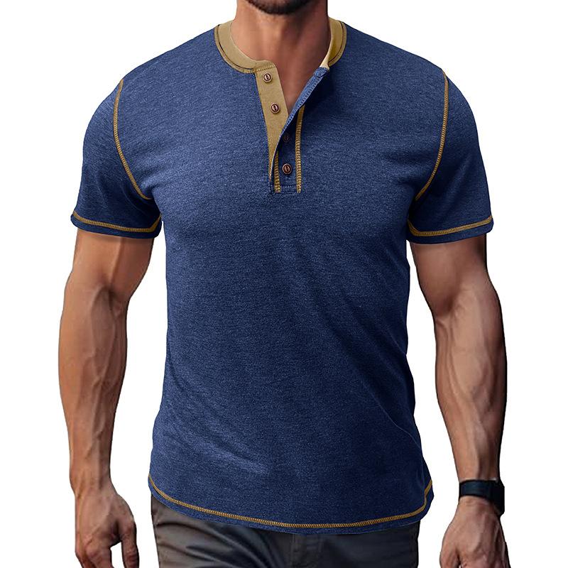 Летняя футболка хенли с коротким рукавом, мужская футболка с круглым вырезом, мужская модная дышащая повседневная универсальная футболка с коротким рукавом XXL сапфир синий