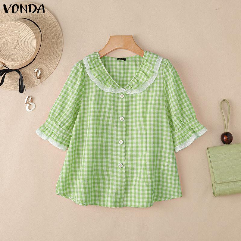 

VONDA Women Lapel Neck Short Sleeve Splice Plaid Print Casual Blouse Tops 2XL
