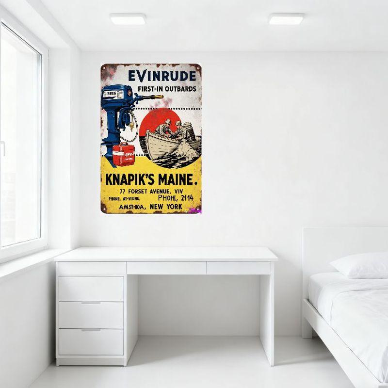 Vintage Evinrude Outboard Motors Metal Tin Sign with 'FIRST-IN OUTBOARDS' Text, Soldiers & Gas Container Illustration - Knapik's