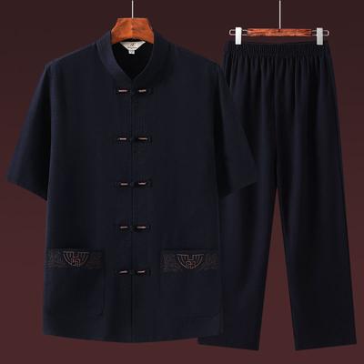 Men's Summer Chinese Style Taiji Set Middle-aged and Elderly Short-sleeved Top + Pants Two-piece Set
