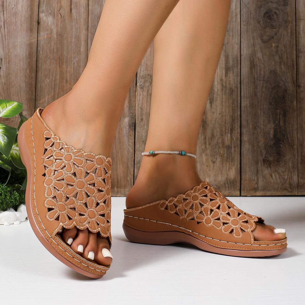Women's Elegant Floral Comfort Sandals – Hollow-Cut Stylish Wedge Design Versatile Slides for Casual & Beach Wear