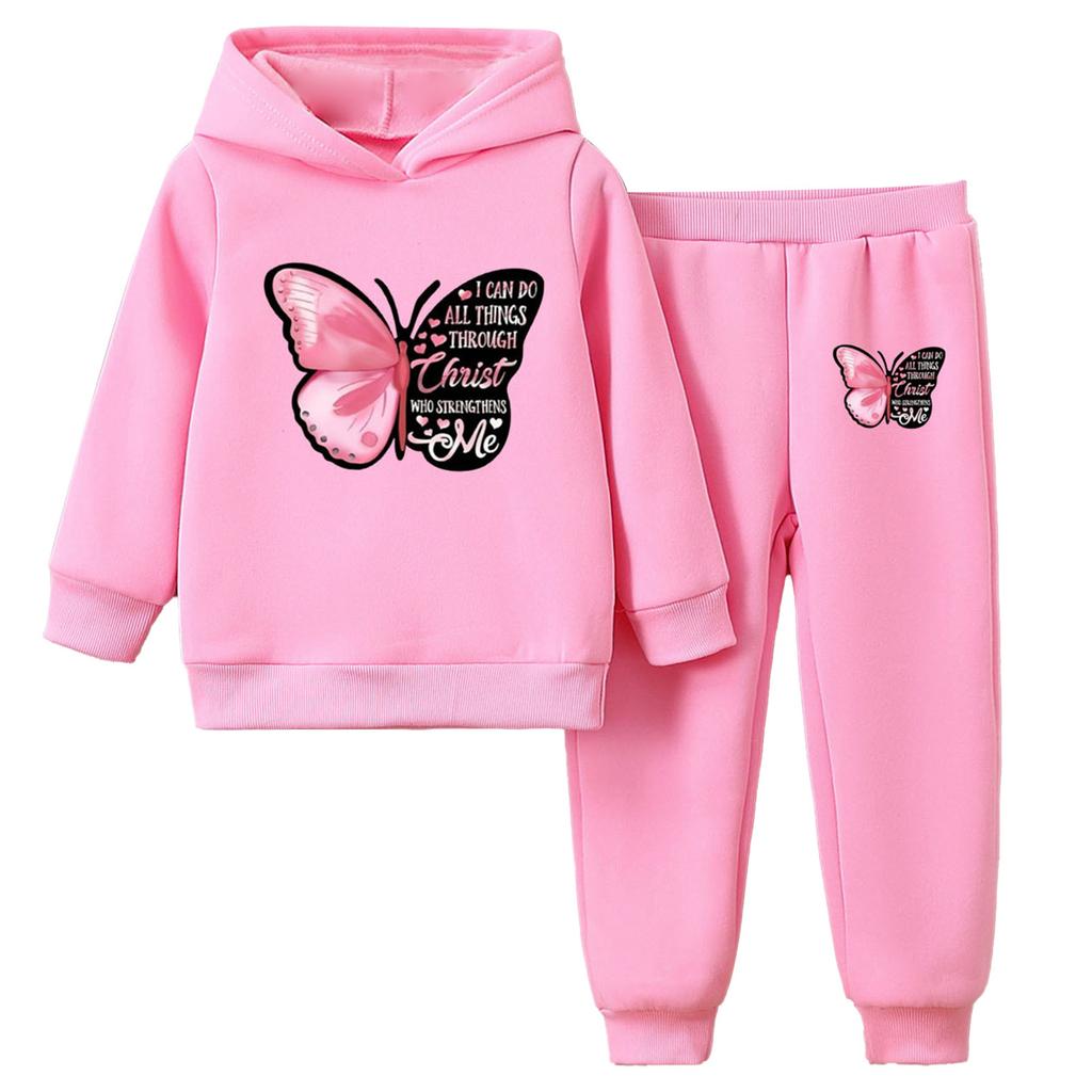 Dziewczęcy Uroczy Dres z Nadrukiem Motyli Podszyty Fleece z Długim Rękawem Bluza z Kapturem Spodnie Dresowe z Elastycznym Pasem Zestaw Sportowy