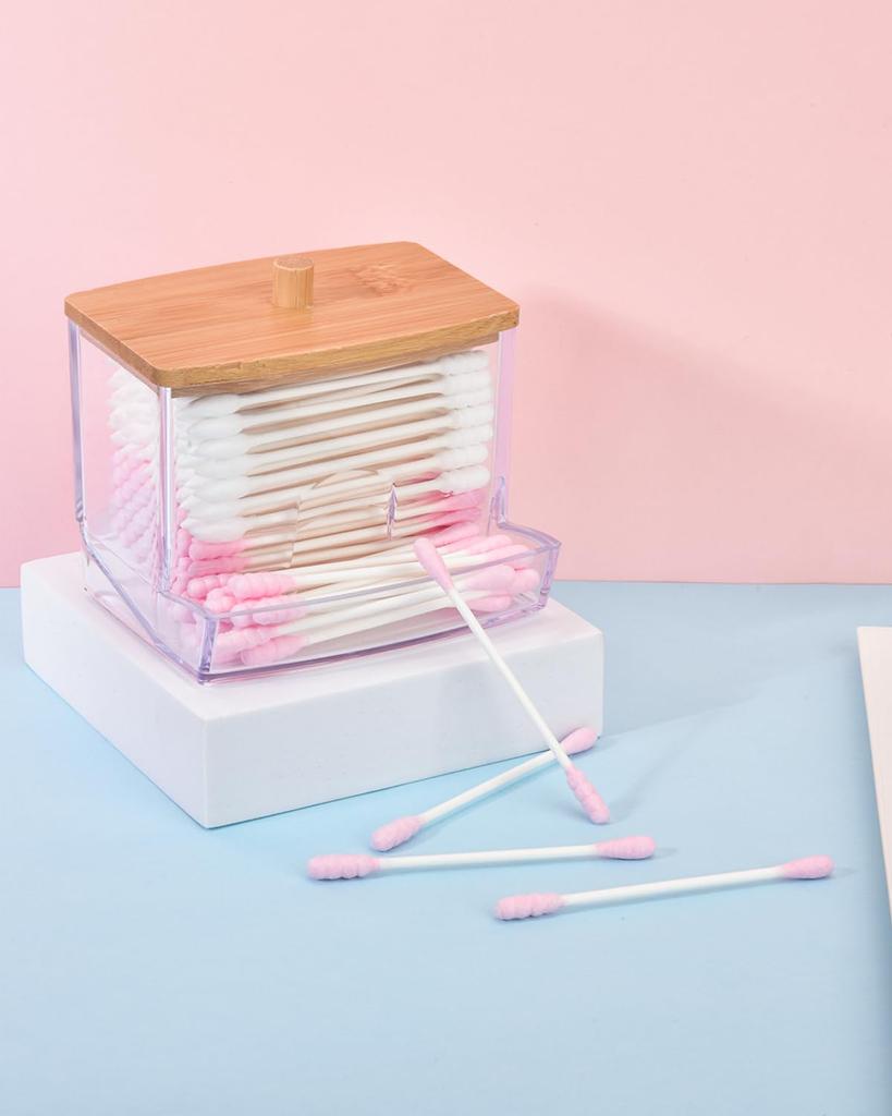 Modern Minimalist Clear Plastic and Bamboo Cotton Swab Holder with Dispenser