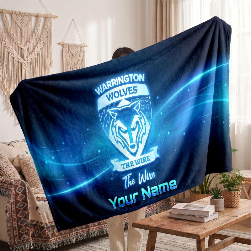 Warrington Wolves FC Personalized Fleece Blanket With Football Logo, Custom Name Text Soft Warm Home Throw Blanket