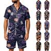 Men's Halloween Pajama Set - Satin Striped Plaid Print Short Sleeve Shirt and Shorts with Pockets, Loose Fit Two-Piece Set for Home Daily Wear