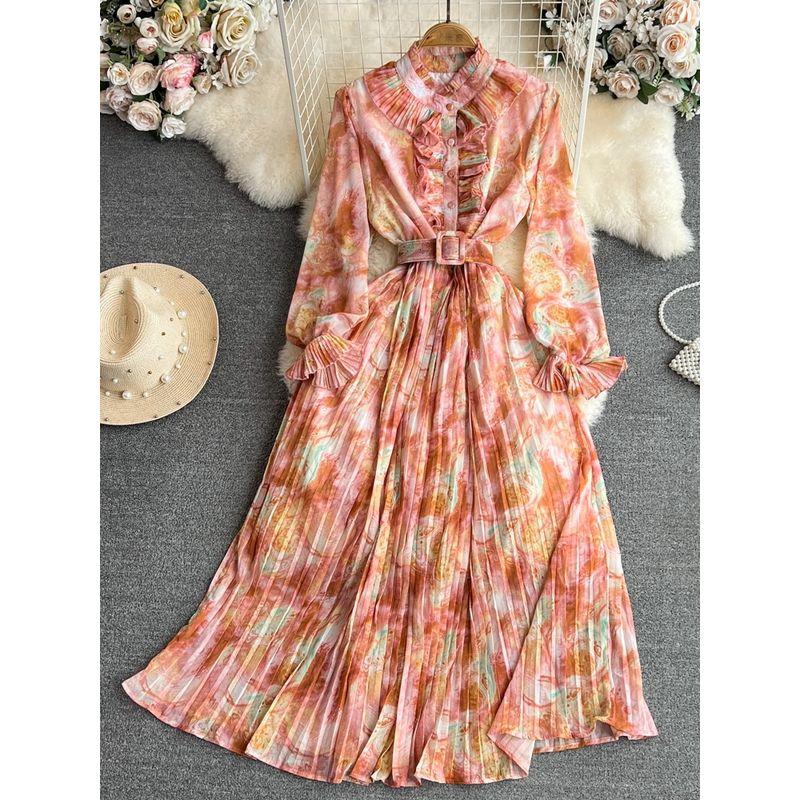 Retro Graceful Stand Collar Speaker Long Sleeves Elegance Dress