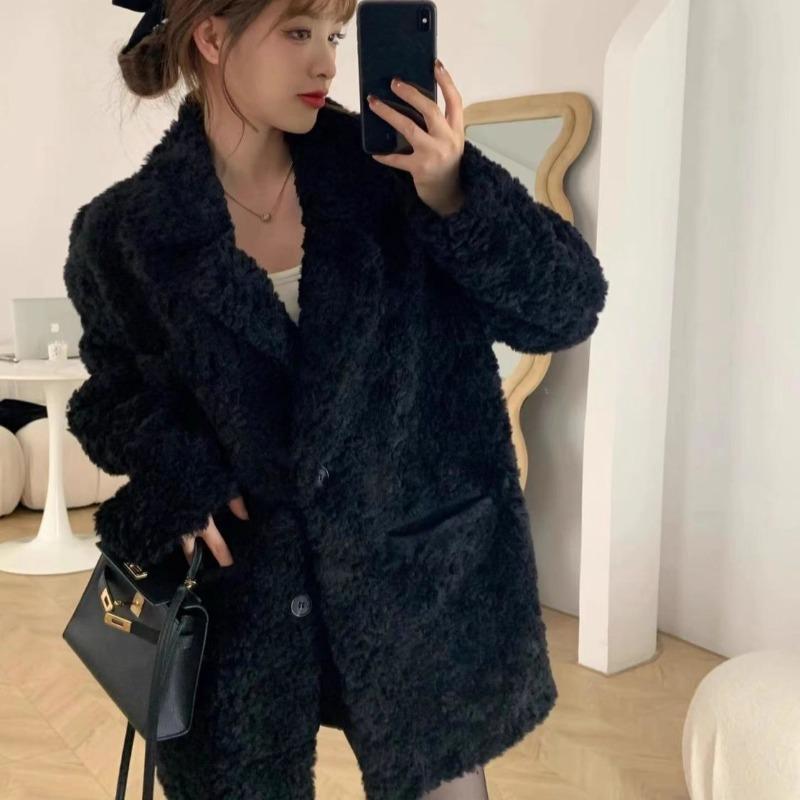 

Зимнее пальто из овечьей шерсти, женское, новое свободное утолщенное пальто средней длины L чёрный