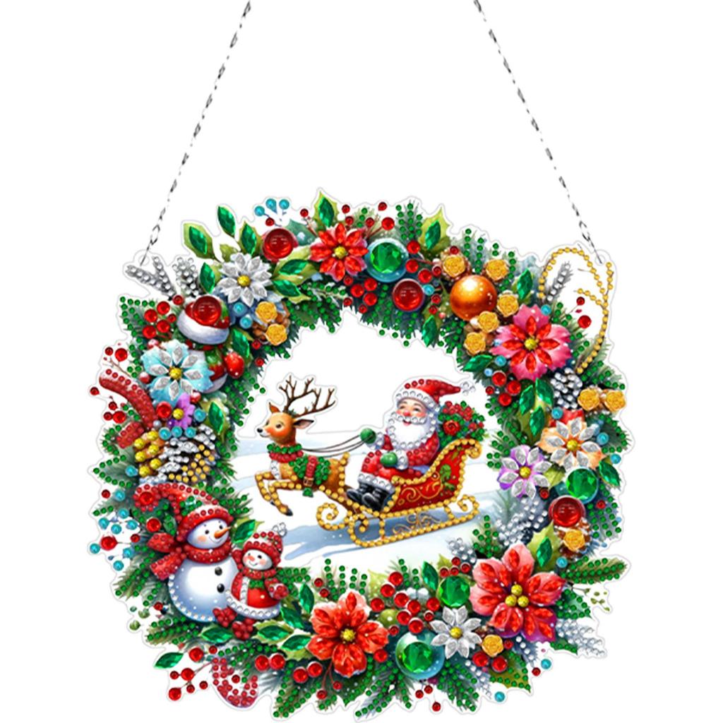 Acrylic Christmas Wreath Diamond Painting Hanging Pendant 5D DIY Diamond Painting Dots Pendant for Garden Window Decor