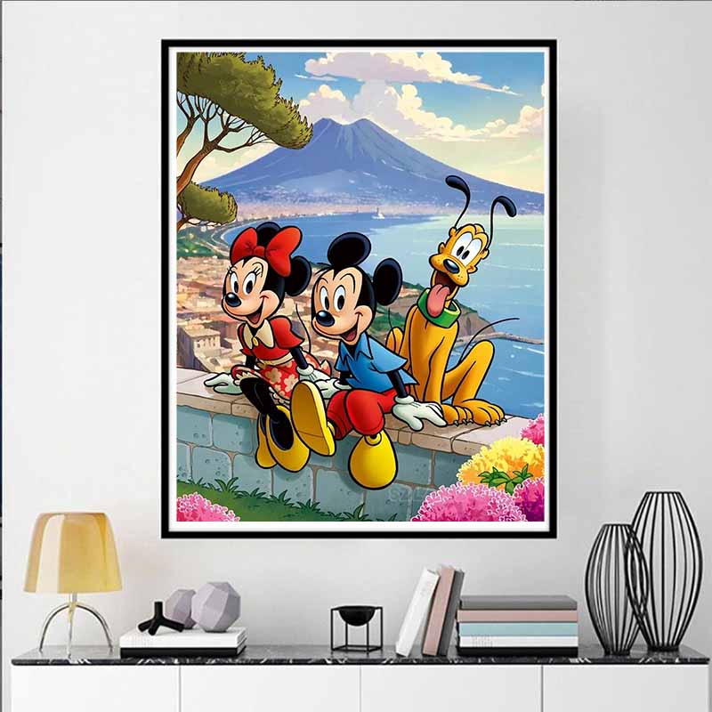 Disney Diamond Painting Mickey Minnie and Pluto Naples Travel Illustration Wall Decoration Full Diamond Cross stitch DIY Gift, Home Decoration