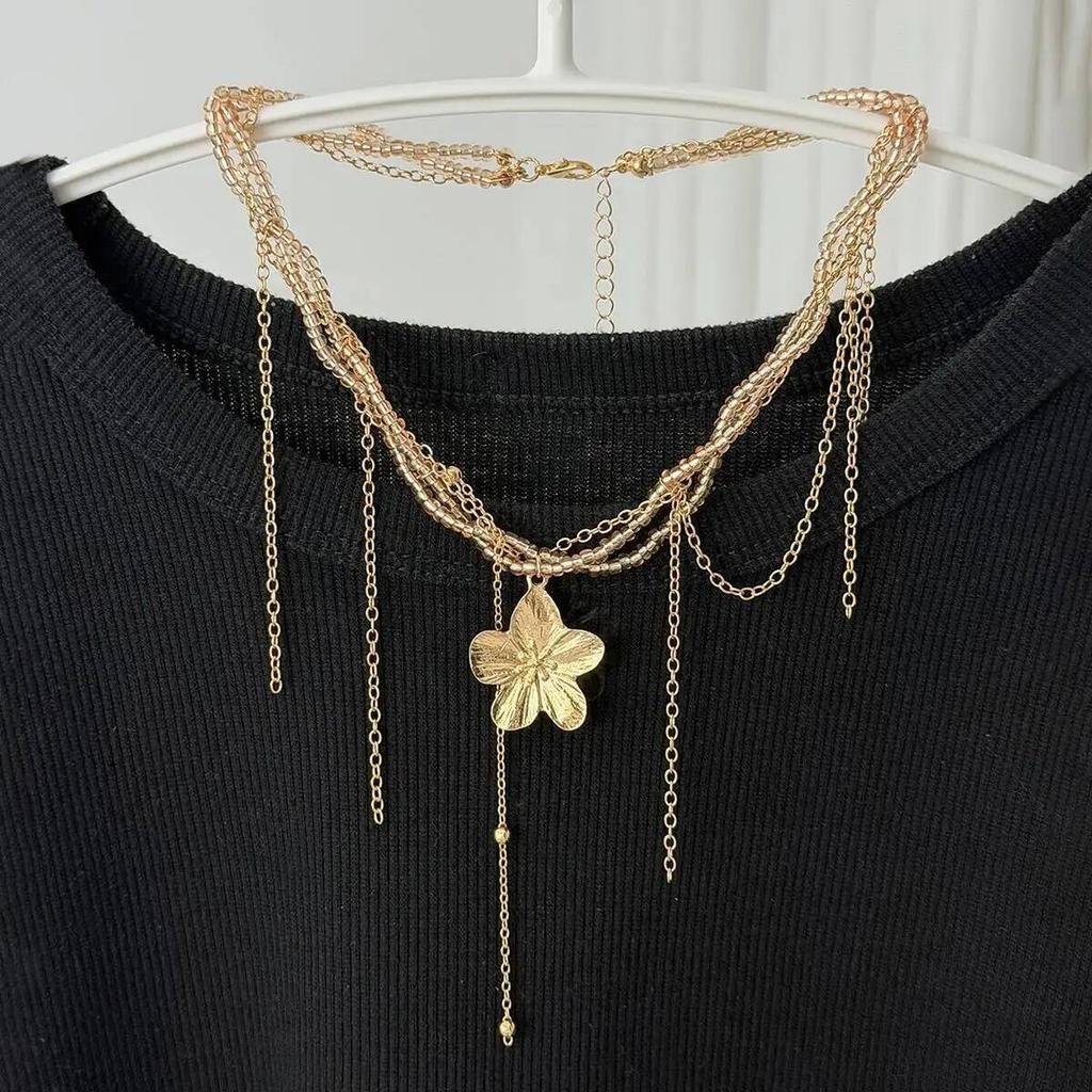 Ingemark Bohemia Gold Color Flower Pendant Necklace Women Creative Multi-Layer Metal Tassel Choker Chain Versatile Jewelry Gifts