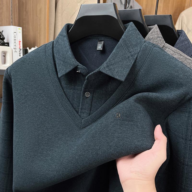 Dicker Samt-Strick-Pullover mit Revers für Männer mittleren Alters und ältere Männer - Stilvoller Zwei-in-Eins Winterpullover
