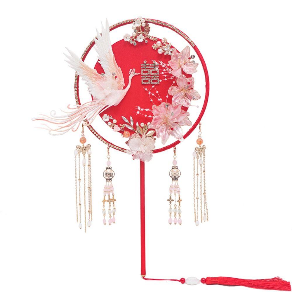 

Двусторонний круглый веер Феникс с длинной ручкой, китайский стиль, свадебный веер, антикварный, для невесты в руке красный