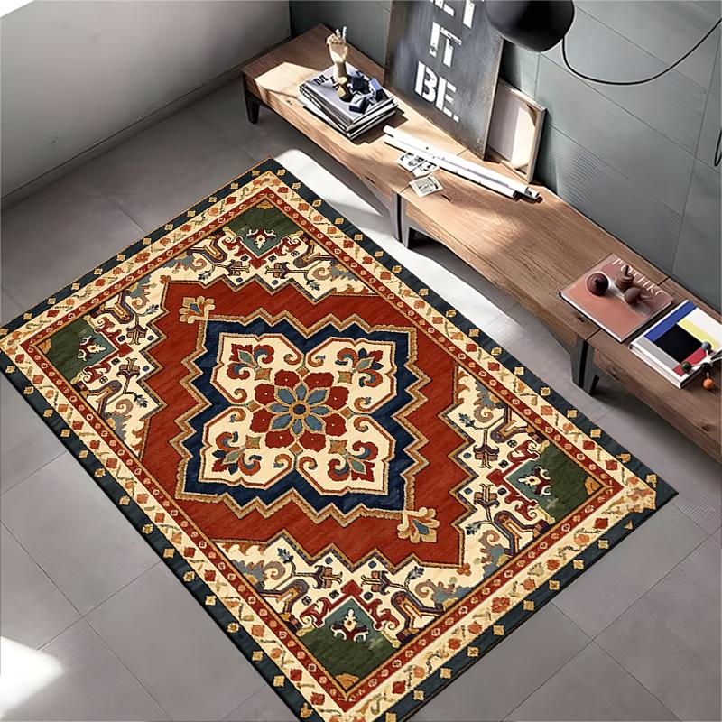 Vintage Bohemian Area Rug with Red Geometric Floral Pattern Design Suitable for Use As an Anti-slip for Living Room Bedroom Sofas