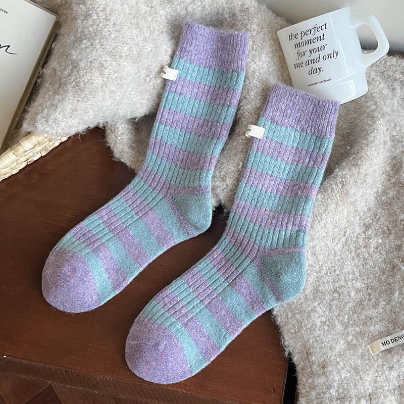 Female Autumn and Winter Thick Warm Trend Sweet Contrast Color Cloth Standard Wide Stripe Wool Tube Socks