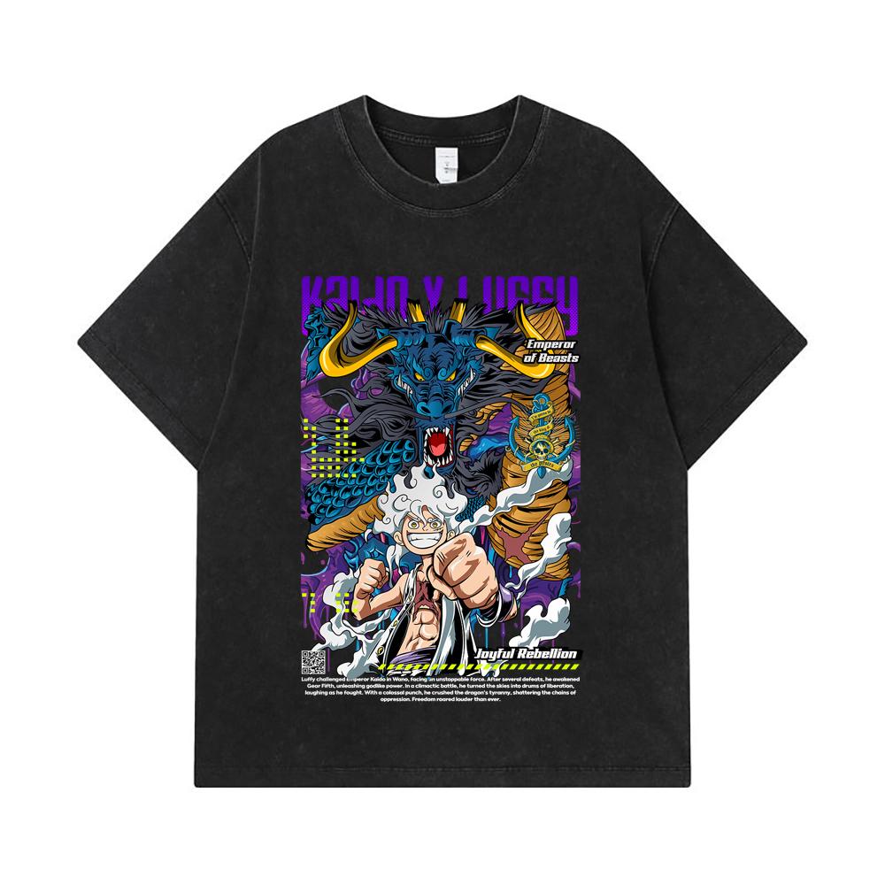 275 GSM Washed T-shirts 100% Cotton One Piece V35 Luffy Kaido Print Unisex Heavy Cotton T Shirt