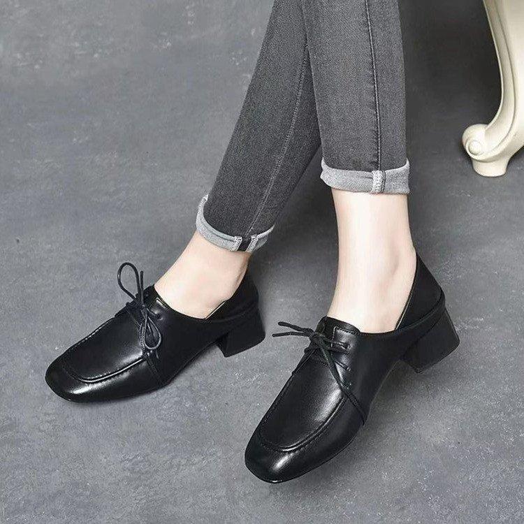 Square head thick heel women's shoes work shoes 2025 spring new single shoes lace-up versatile comfortable deep mouth loafers