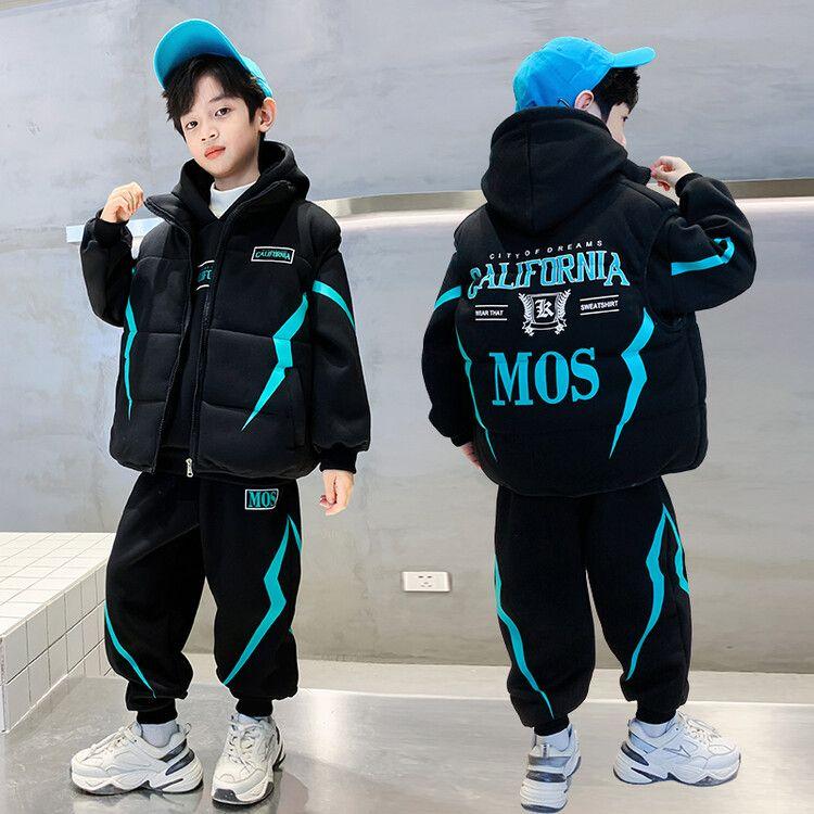 Autumn and Winter Three Piece Set Big Children's Casual Vest Three-piece Suit Boys'  Plus Velvet Thickened Suit