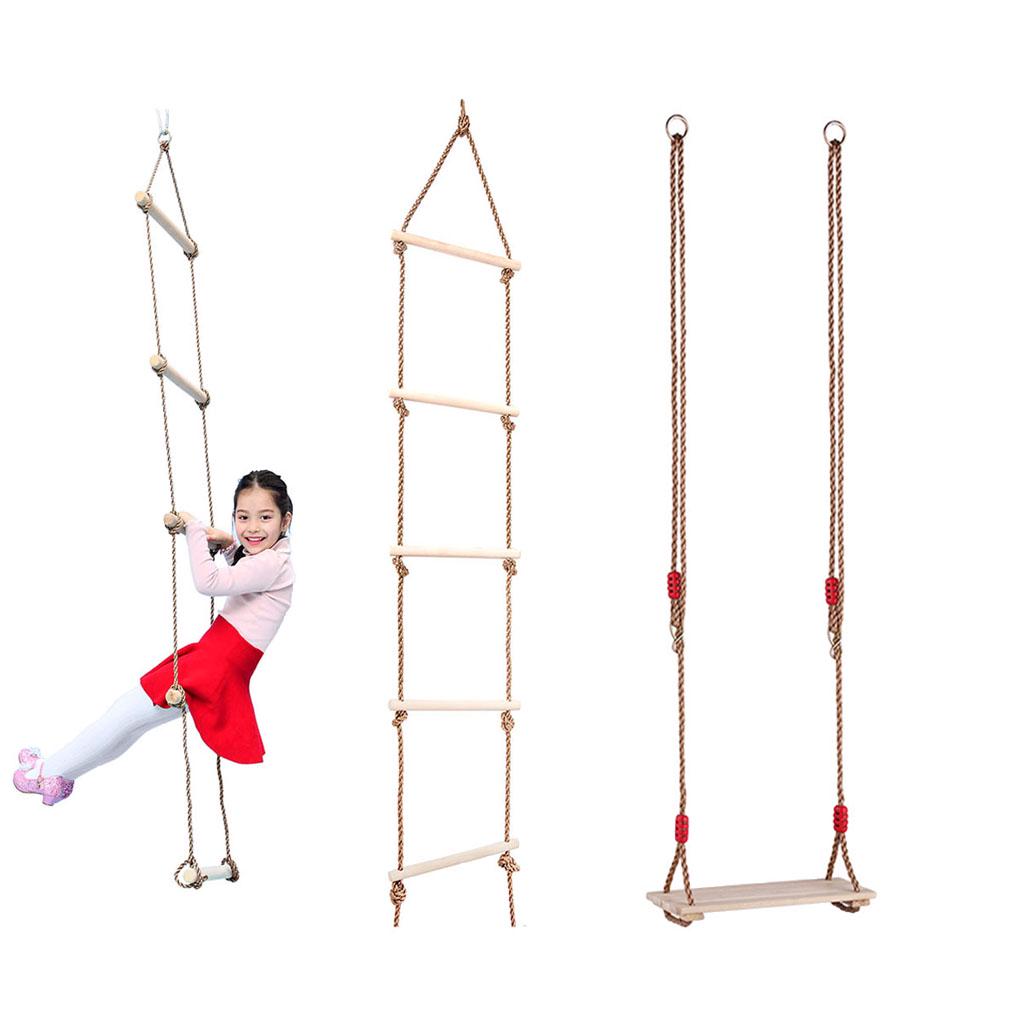 Kids Indoor Outdoor Wooden Flat Seat Chair 5 Rungs Rope Climbing Ladder
