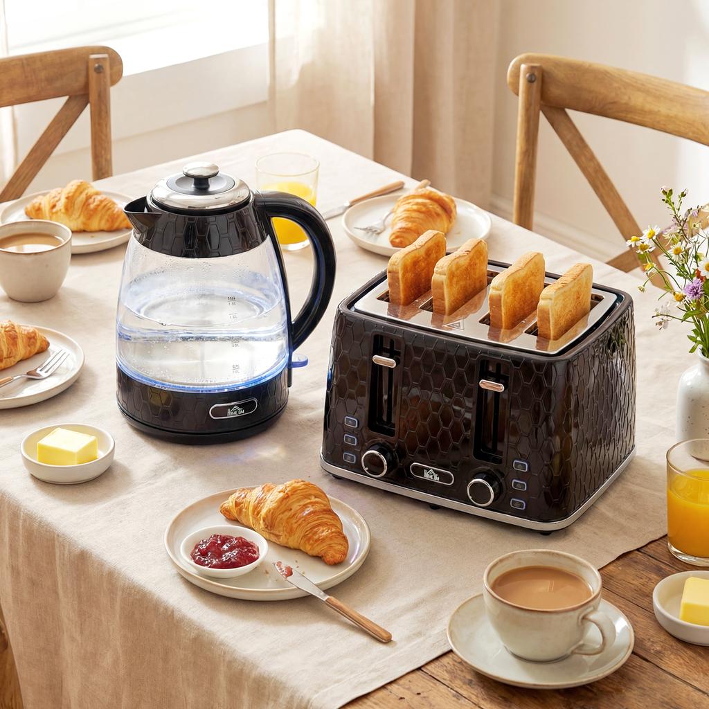 1.7L 2200W Rapid-Boil Kettle and 4-Slice Toaster Set with Limescale Filter, Black