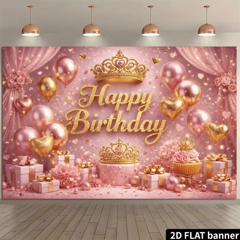 

2D Pink Gold Princess Happy Birthday Backdrop, Crown & Balloon Banner 47.2x31.5inch/120*80cm