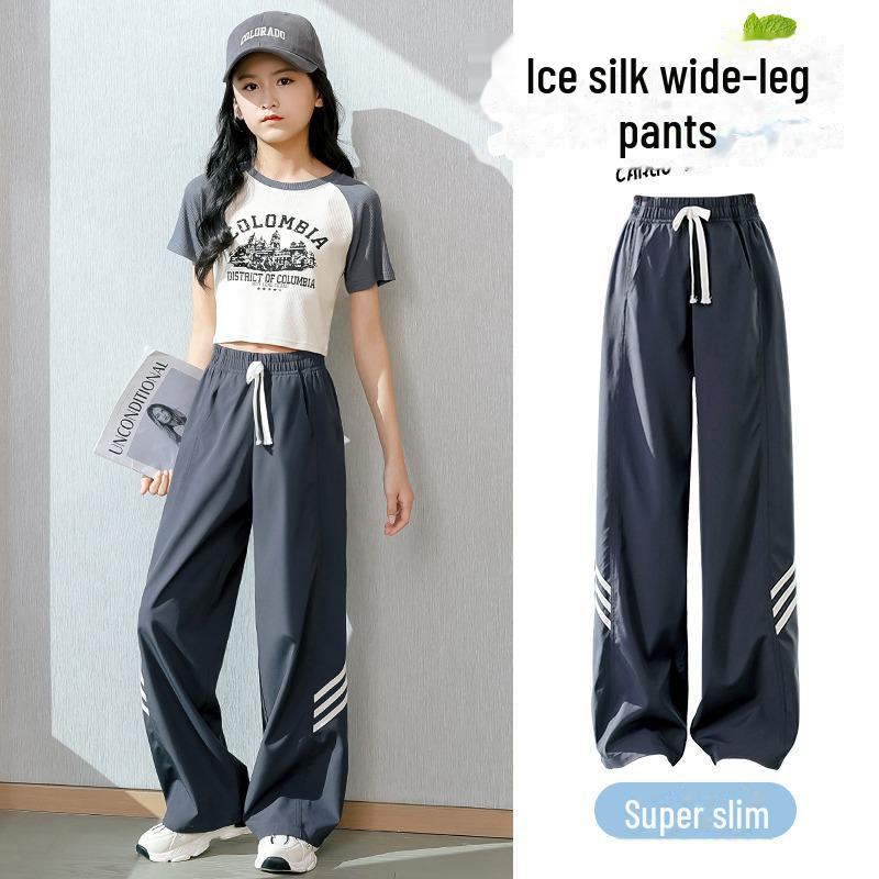 

Летние быстросохнущие широкие брюки Ice Silk для девочек - легкая повседневная одежда 120 темно-серого