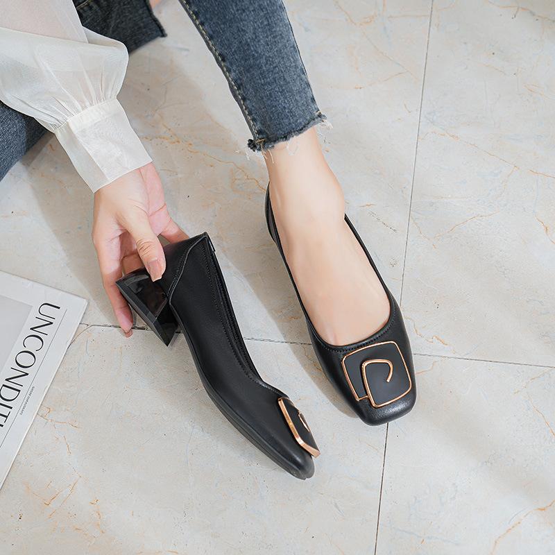 Soft Leather Single Shoes Women's Spring Square Buckle Thick Heel Medium Heel Soft Leather Square Head Grandma Shoes Soft Sole Shoes