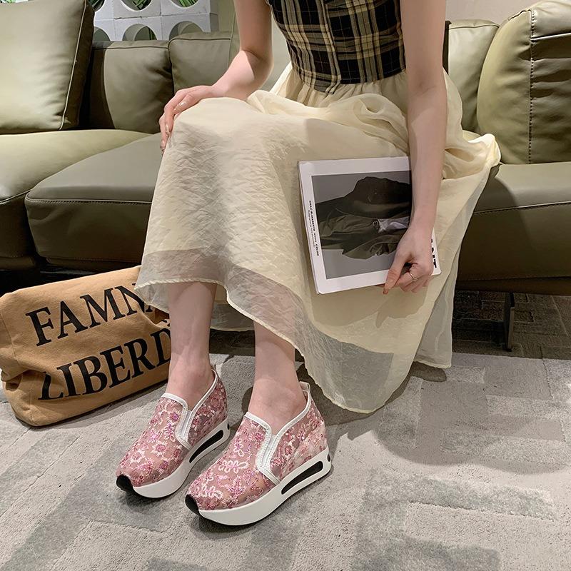 Inner Heightening Lace Sequins Women's New Breathable Mesh Casual Foot Muffin Platform Women's Shoes