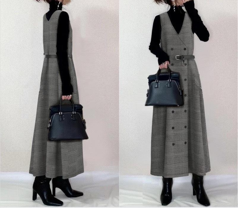 

2026 Spring/Autumn Woolen Plaid V-Neck Crossover Vest Dress - Japan/Korea Style S