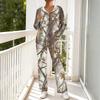 Women's Casual Hooded Pajama Set with V-Neck, Long Sleeves, Loose Fit, Print and Pockets for and Sleep