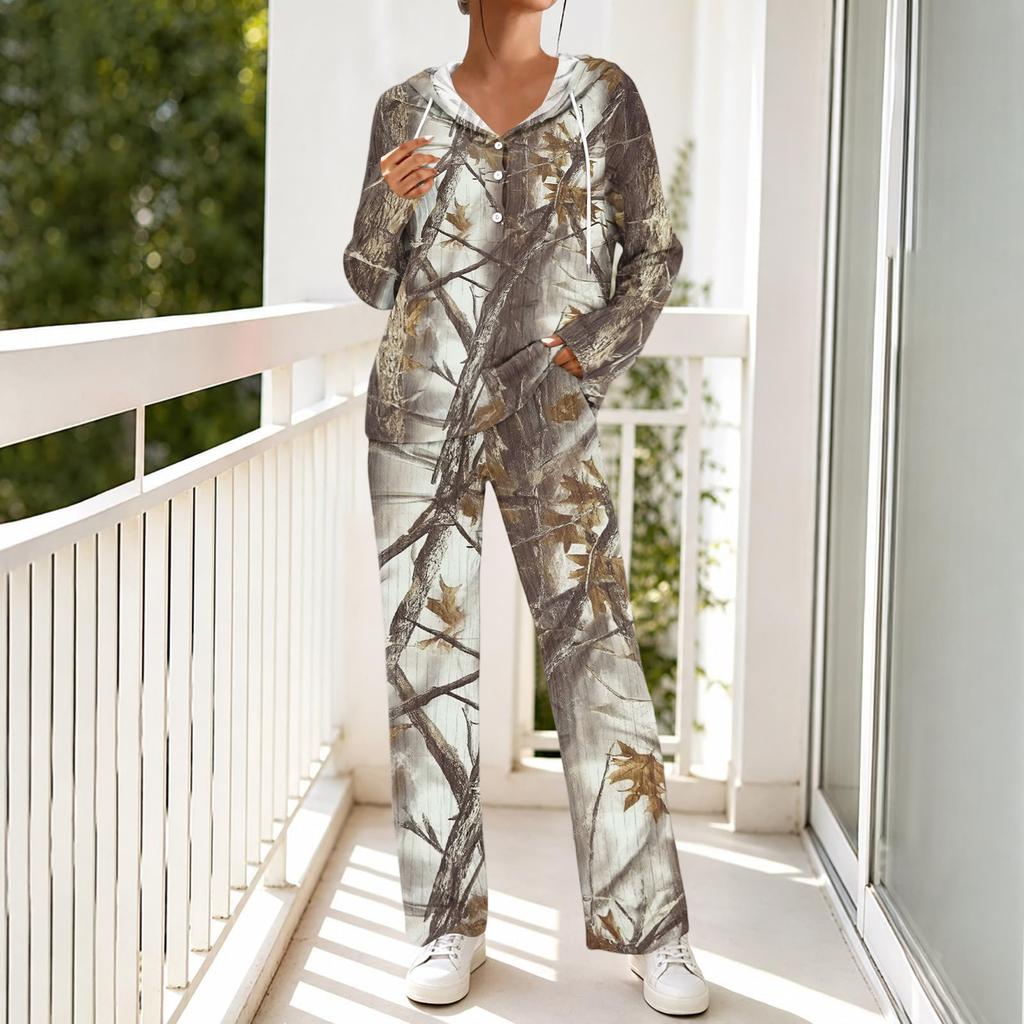 Women's Casual Hooded Pajama Set with V-Neck, Long Sleeves, Loose Fit, Print and Pockets for and Sleep