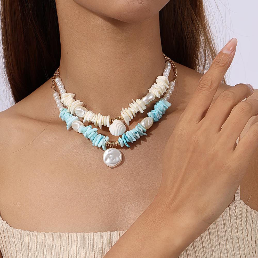 2pcs/set Bohemia Shell Necklace for Women Girls Pearl Beaded Choker Necklaces Summer Beach Jewelry Gifts
