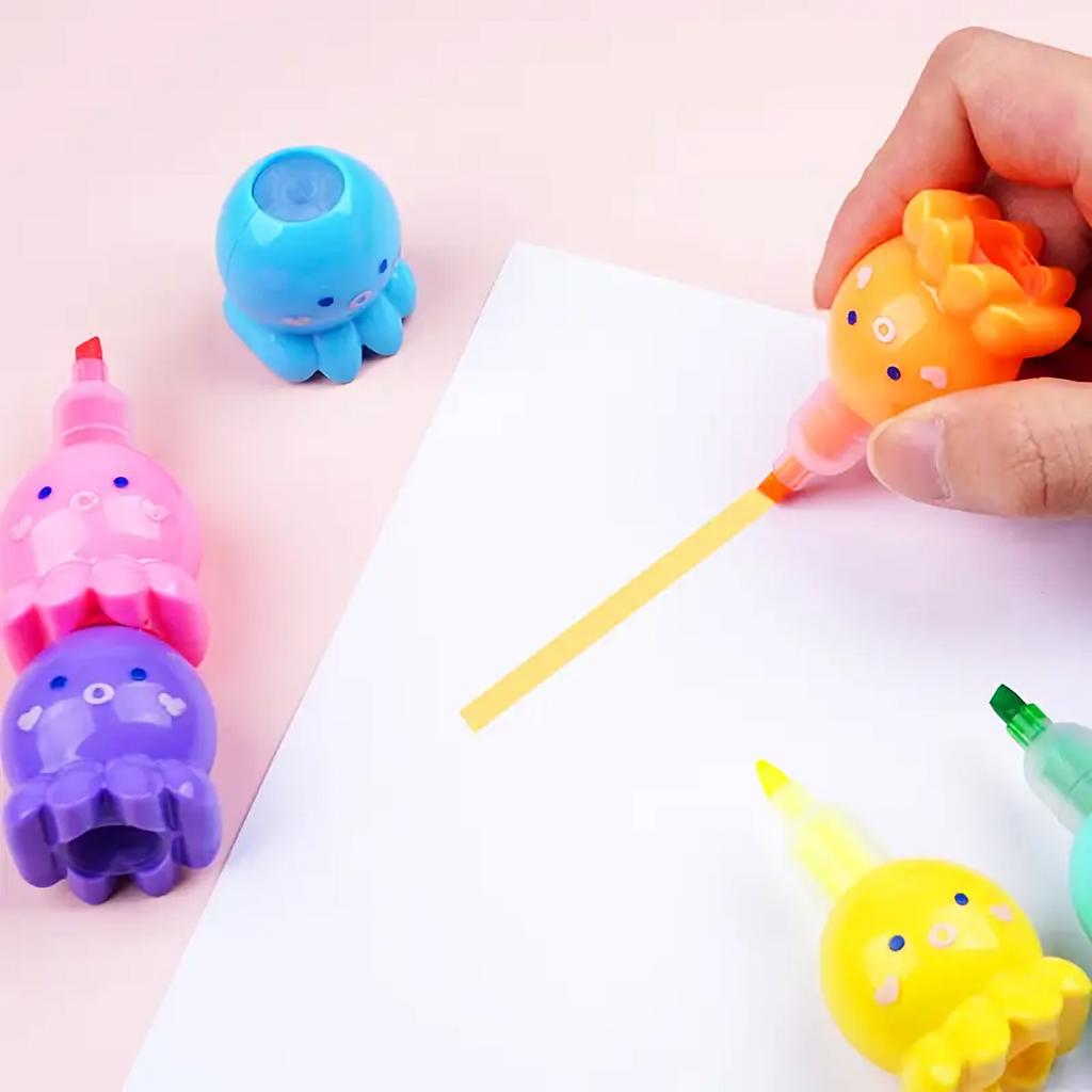5 Colors Cute Octopus Highlighter Pen - Fluorescent Drawing And Graffiti Marker For School And Office