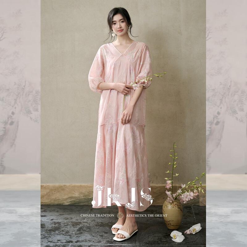 JK&JS Tencel Linen Embroidered New Chinese Style V-Neck Summer Maxi Dress